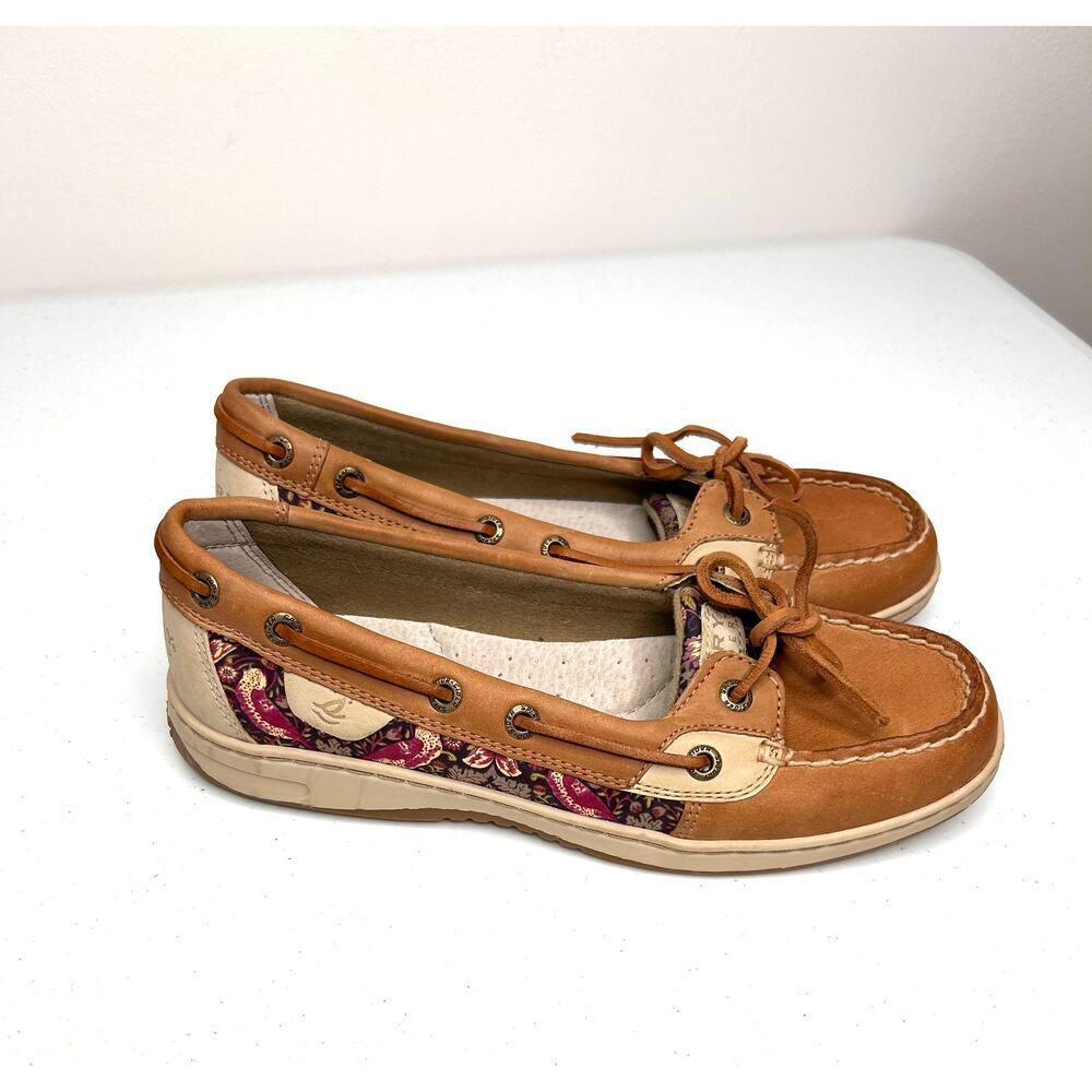 Sperry Top Sider Angelfish Boat Shoes Sz 7 Tan Floral Resort Coastal Casual Boho
